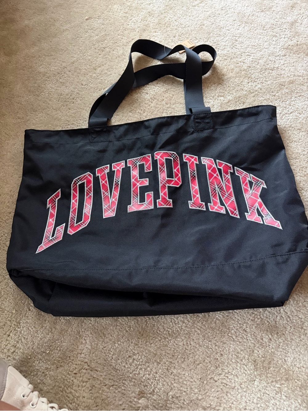 PINK Victoria's Secret Black Tote with Pink Plaid LOVE PINK Logo